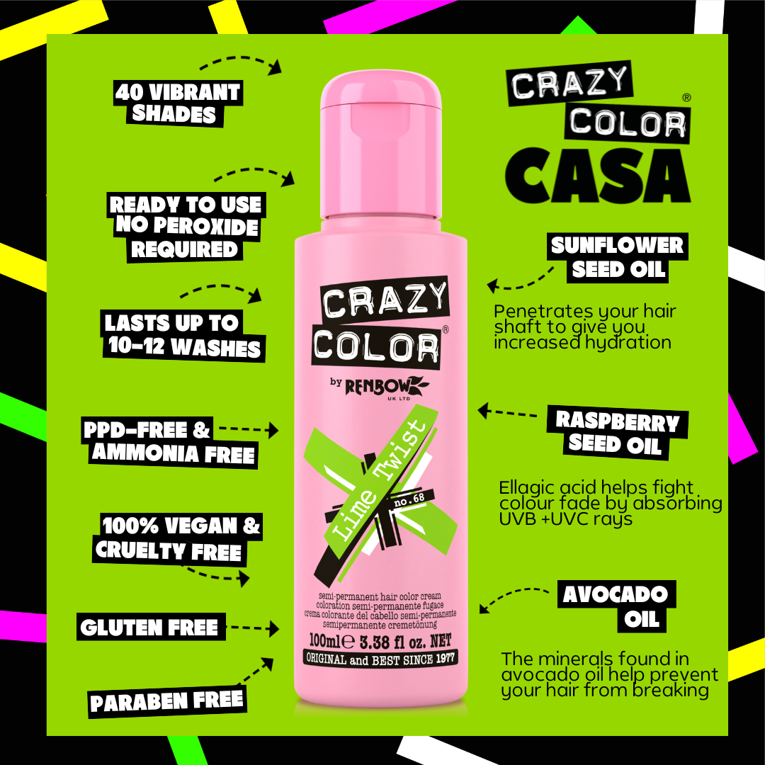 Pink bottle of Crazy Color Lime Twist 68 hair color with product features on a green background by Afro Beauty Store