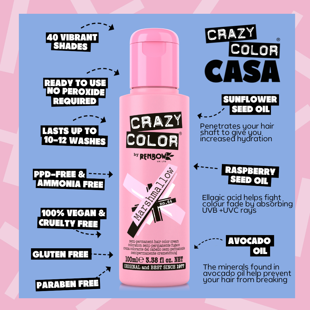 Pink bottle of Crazy Color Marshmallow 64 hair color with product features on a pink and blue background by Afro Beauty Store