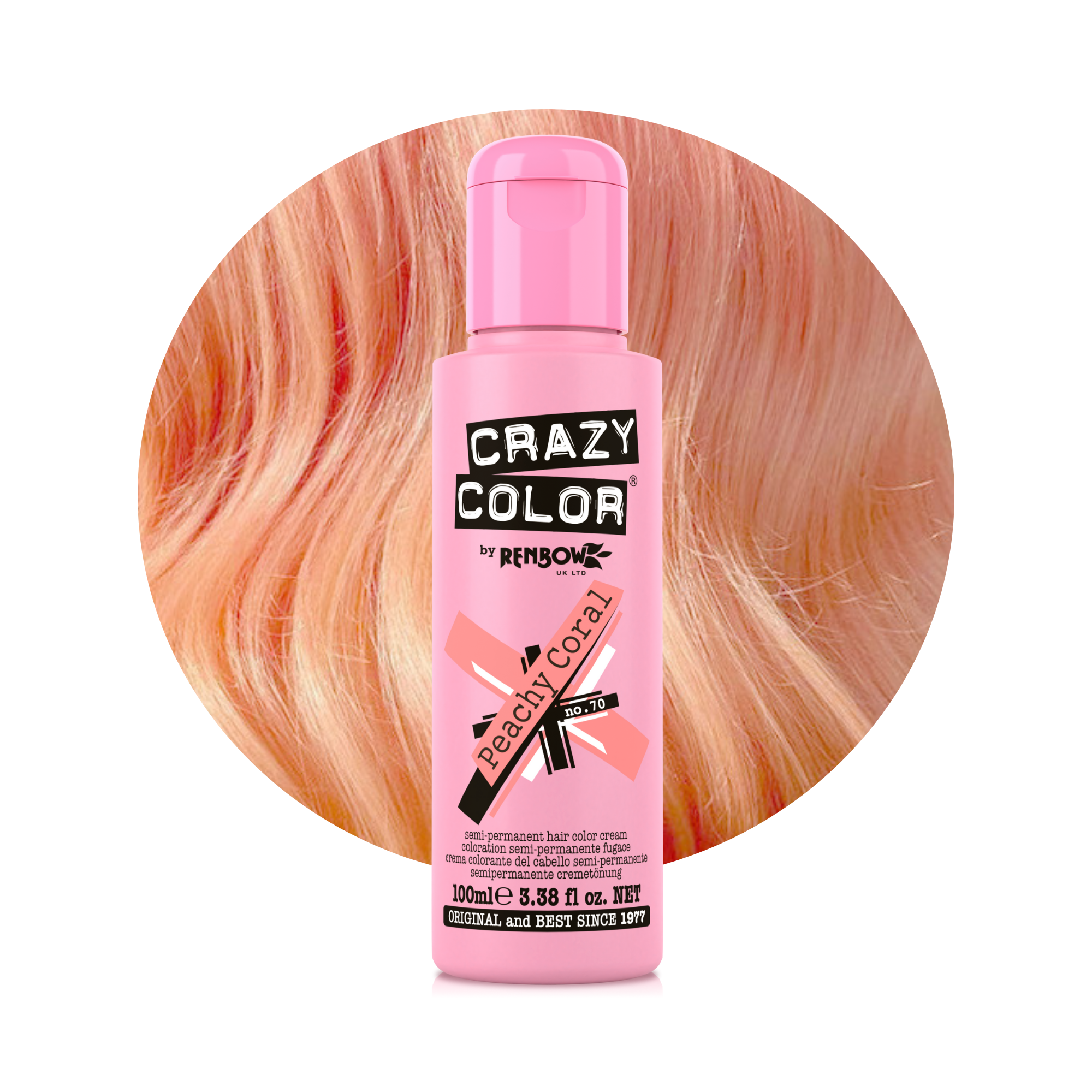 Pink bottle of Crazy Color Pêche Corail no. 70 100ml hair dye by Afro Beauty Store with peachy coral hair in the background