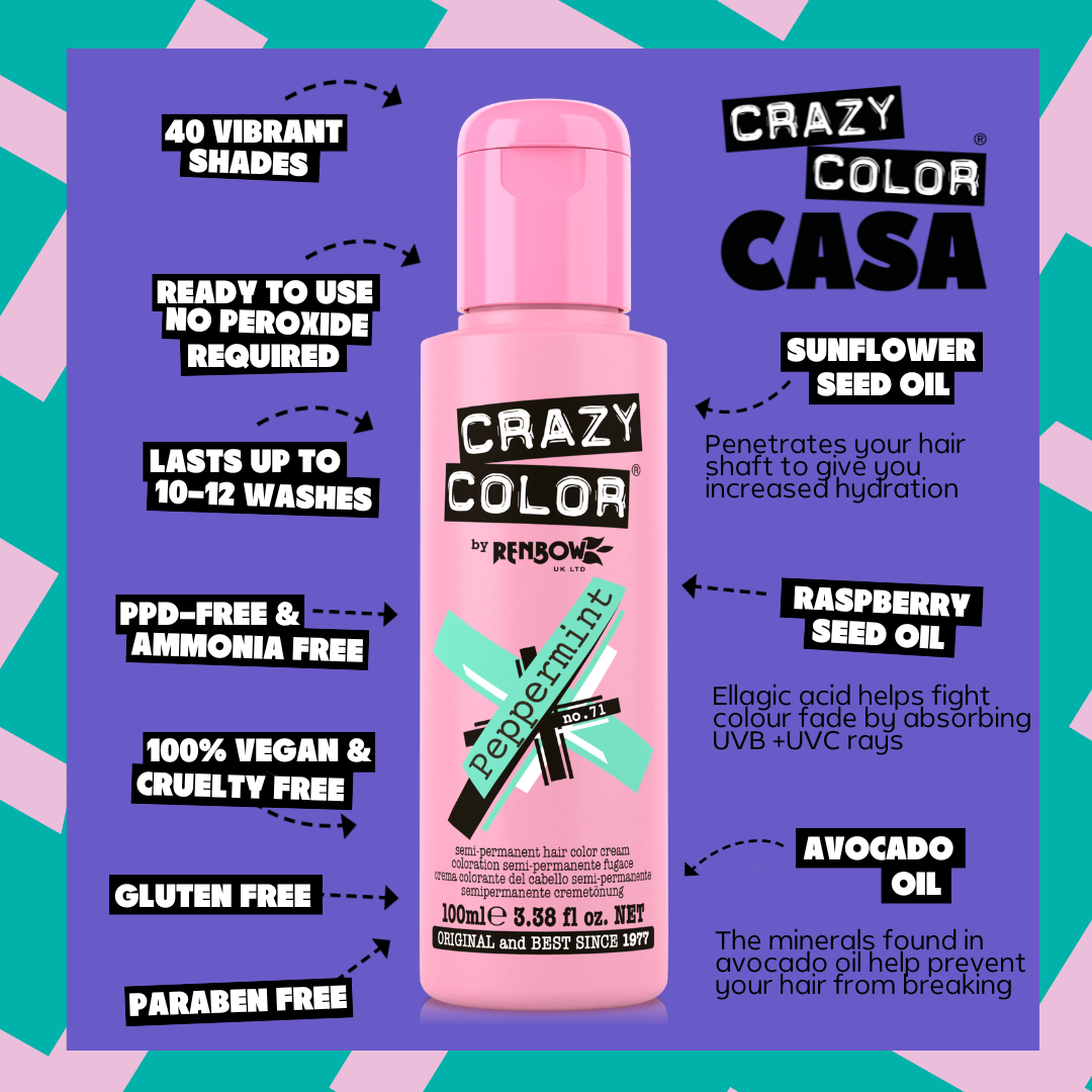 Crazy Color Peppermint 71 hair color product with features listed on a colorful background by Afro Beauty Store
