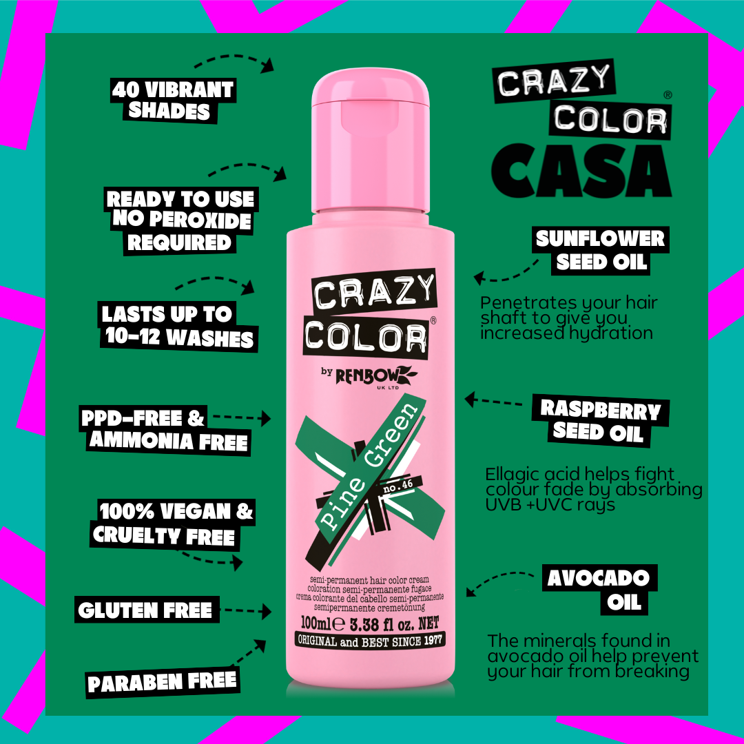 Pink bottle of Crazy Color Pine Green hair color with product features on a green and pink background by Afro Beauty Store