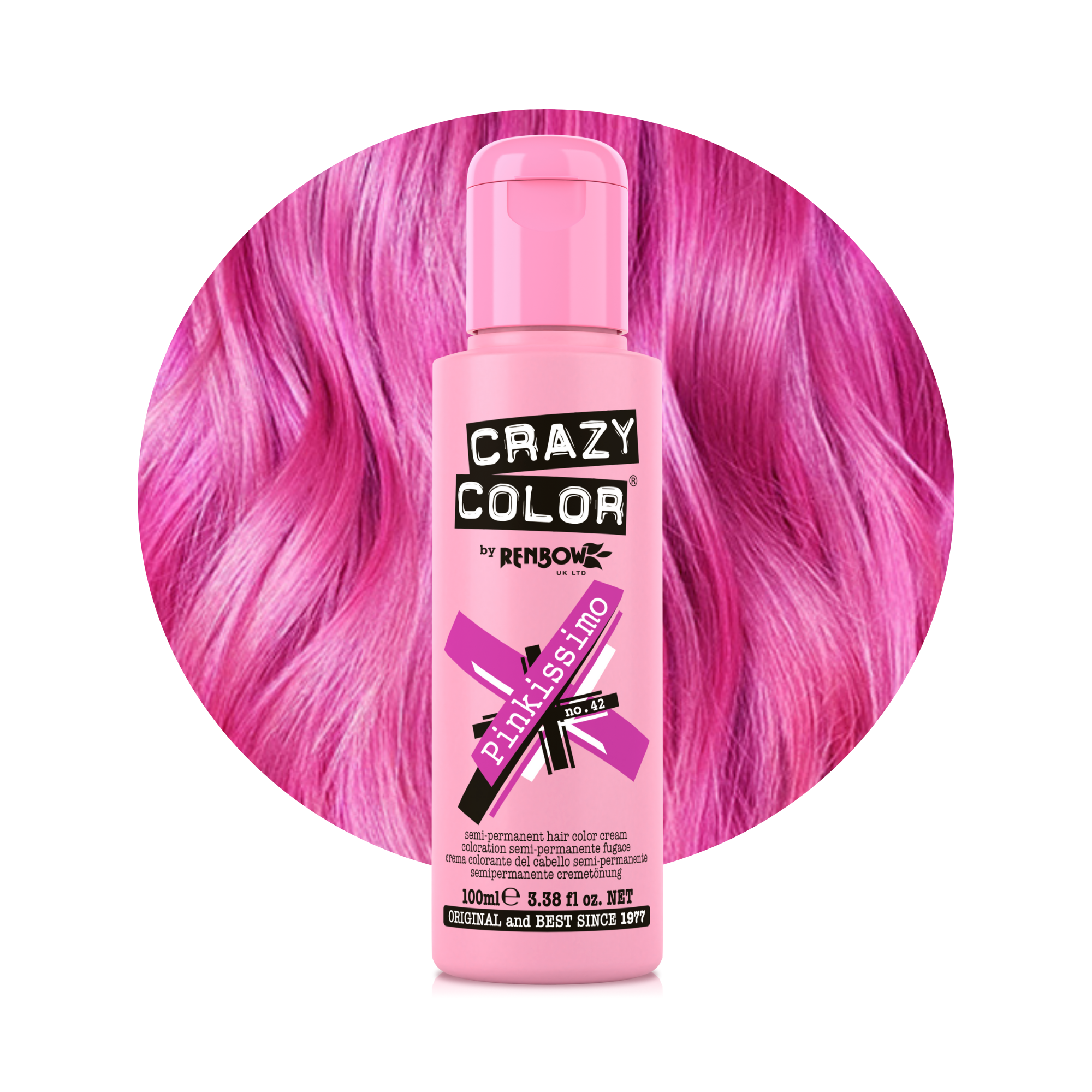 Crazy Color Pinkissimo no. 42 100ml Pink hair color bottle by Afro Beauty Store with vibrant pink hair background