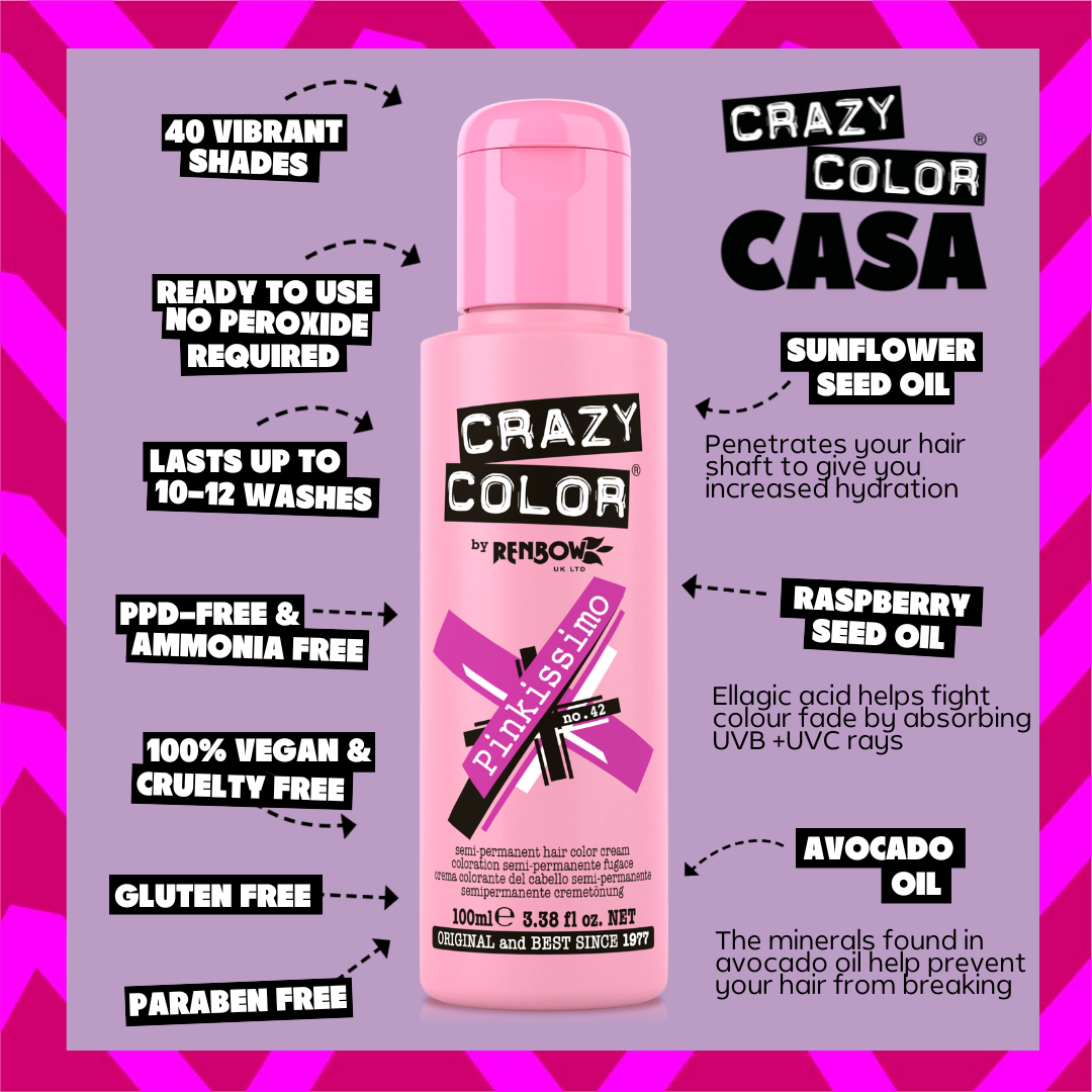 Pink bottle of Crazy Color hair color cream with product features on a purple and pink striped background By Afro Beauty Store