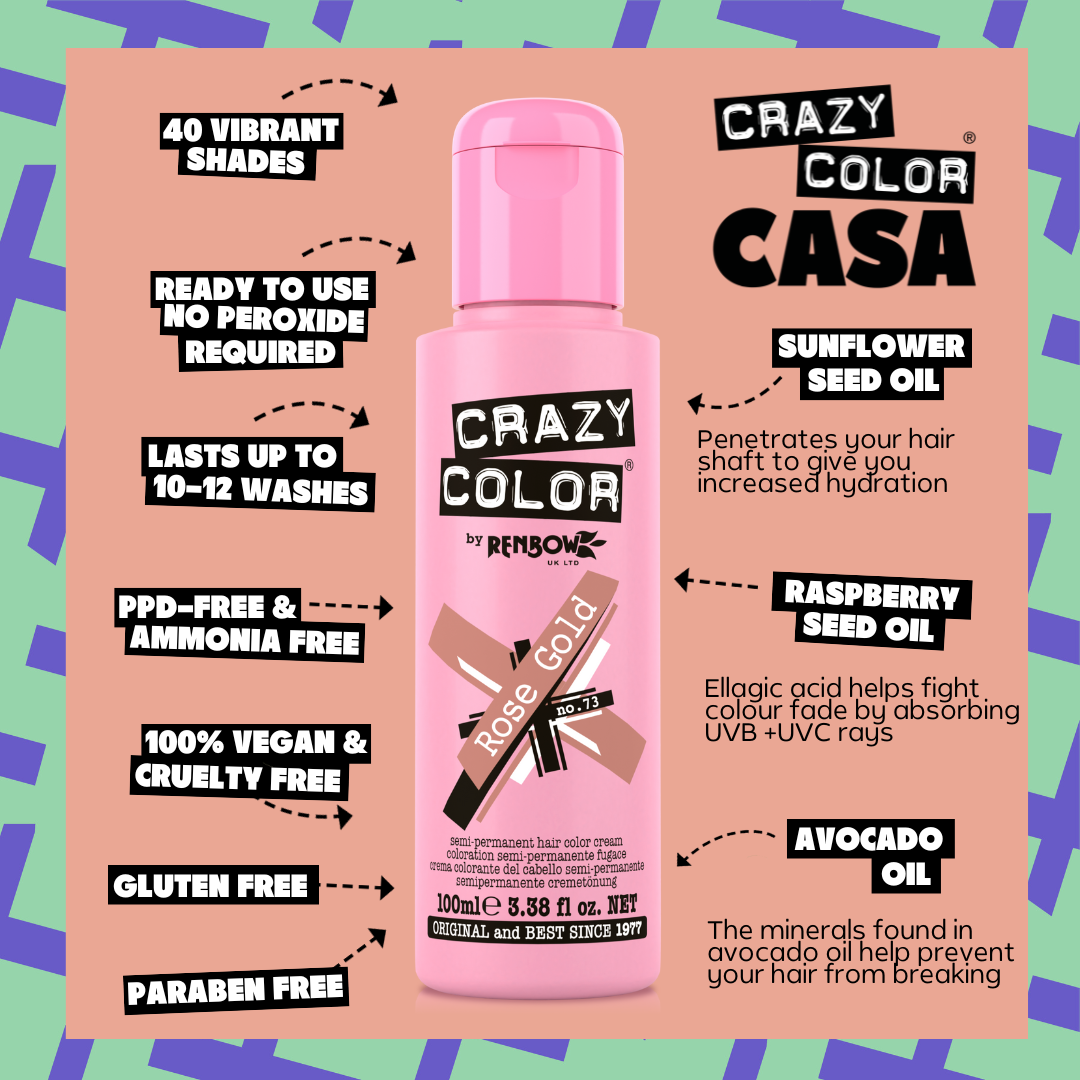 Pink bottle of Crazy Color Rose Gold 73 hair dye hair color cream with product features on a colorful background by Afro Beauty Store