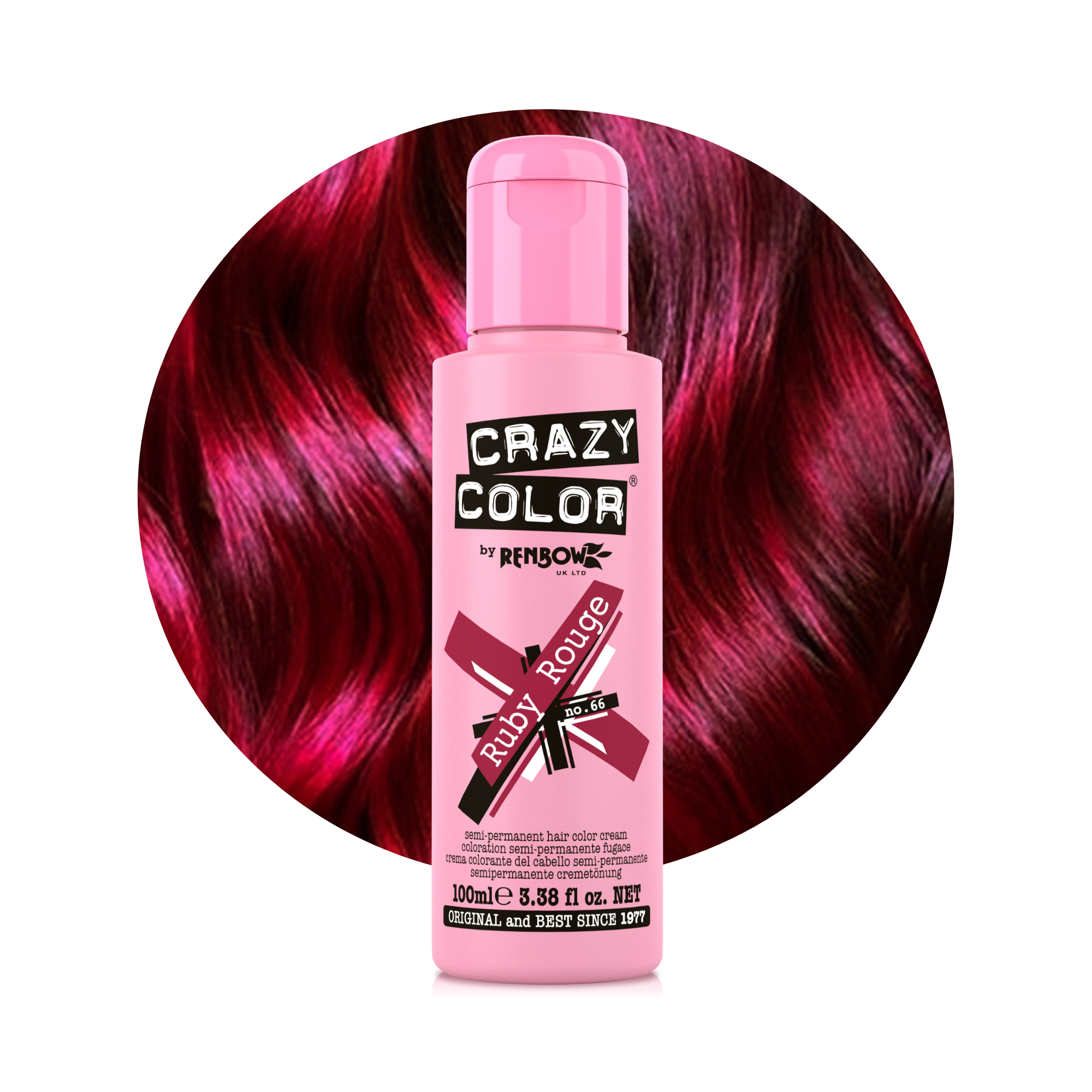 Crazy Color Rouge Rubis (Ruby Rouge) no. 66 100ml hair dye bottle with red hair background by Afro Beauty Store