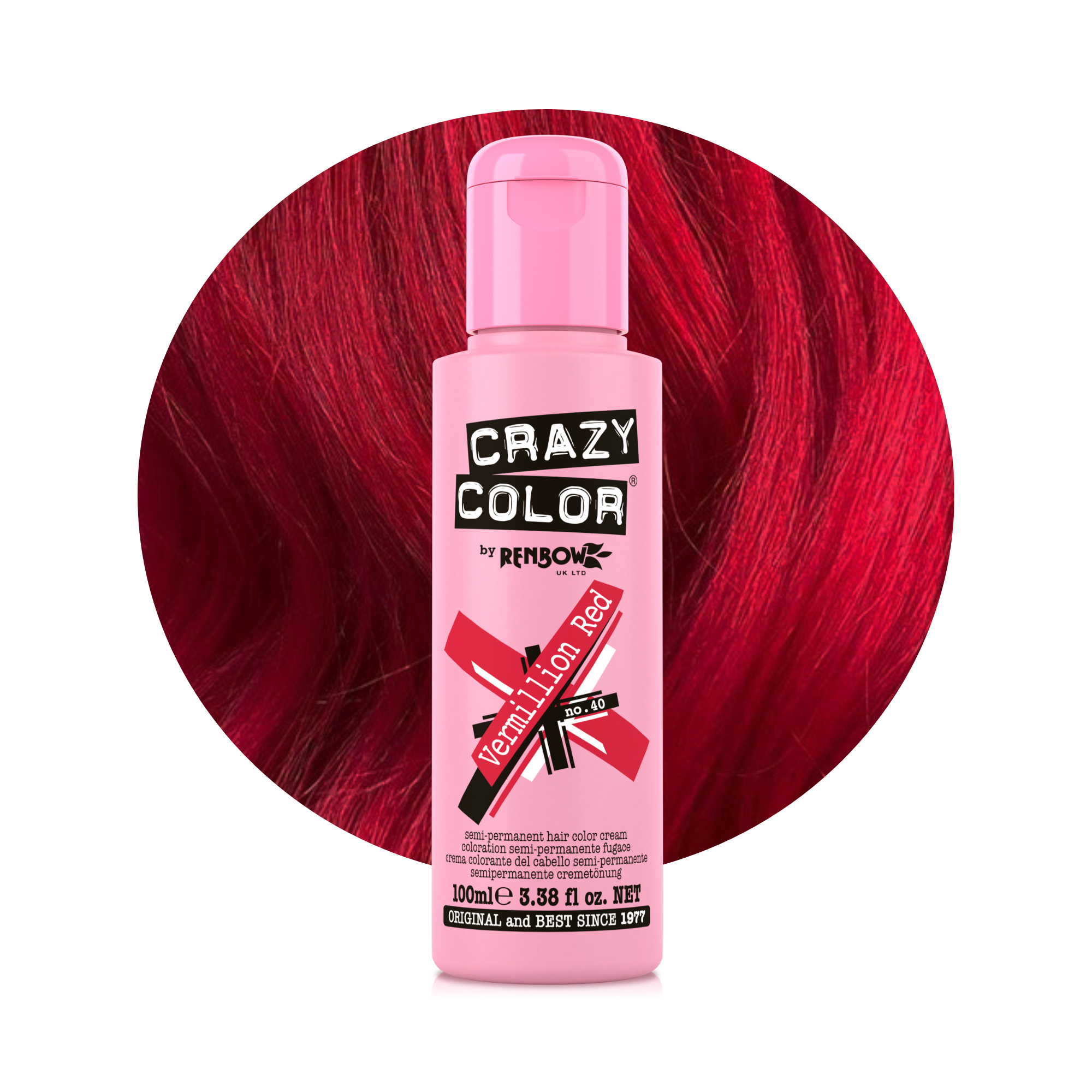 Pink bottle of Crazy Color Rouge Vermillon 40 100ml hair dye by Afro Beauty Store with red hair in the background