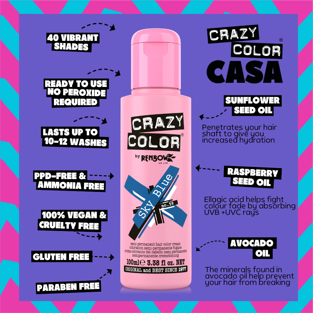 Crazy Color Skye blue hair color product with features listed on a colorful background  by Afro Beauty Store