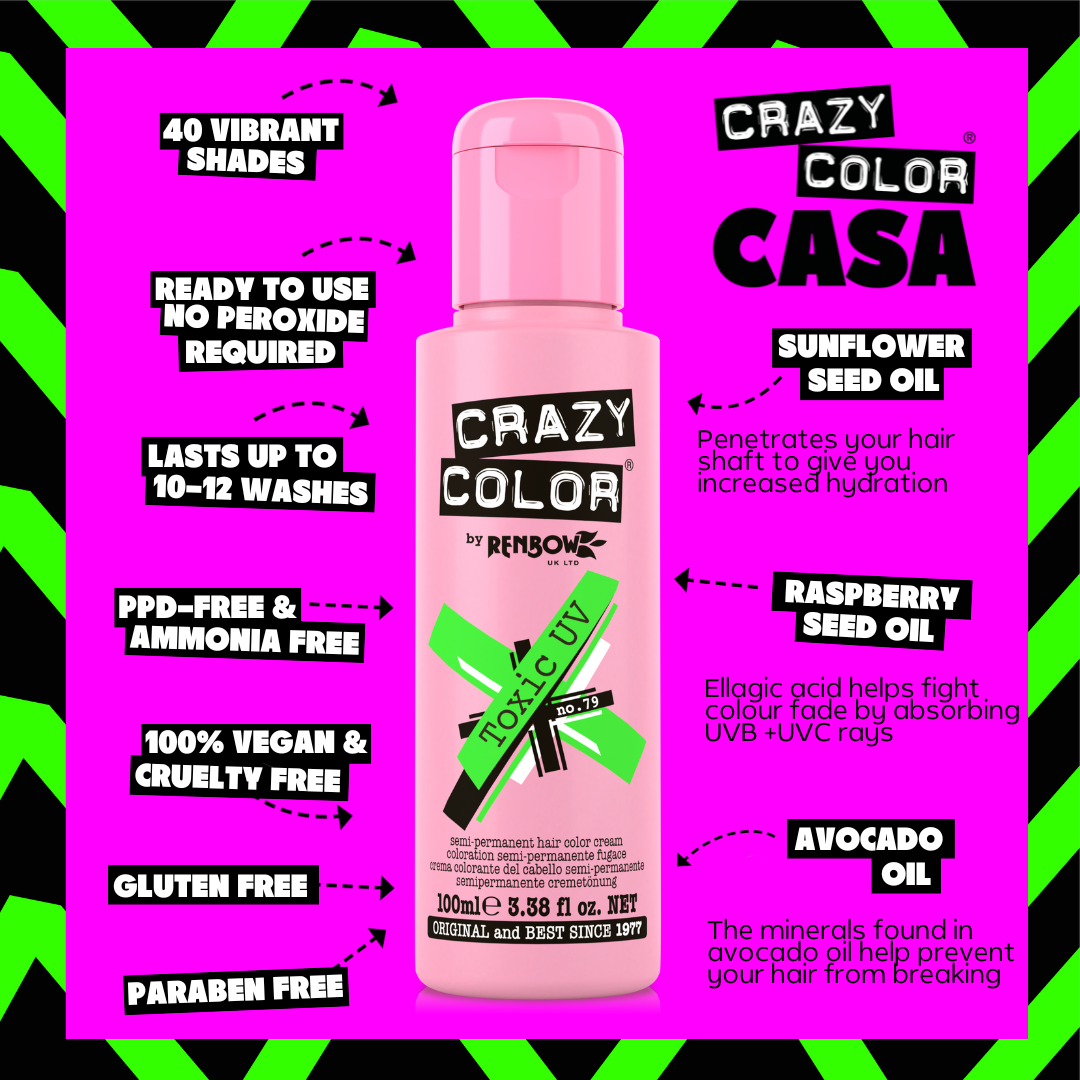 Crazy Color Toxic UV 79 hair dye bottle with promotional text on a vibrant pink and green background by Afro Beauty Store