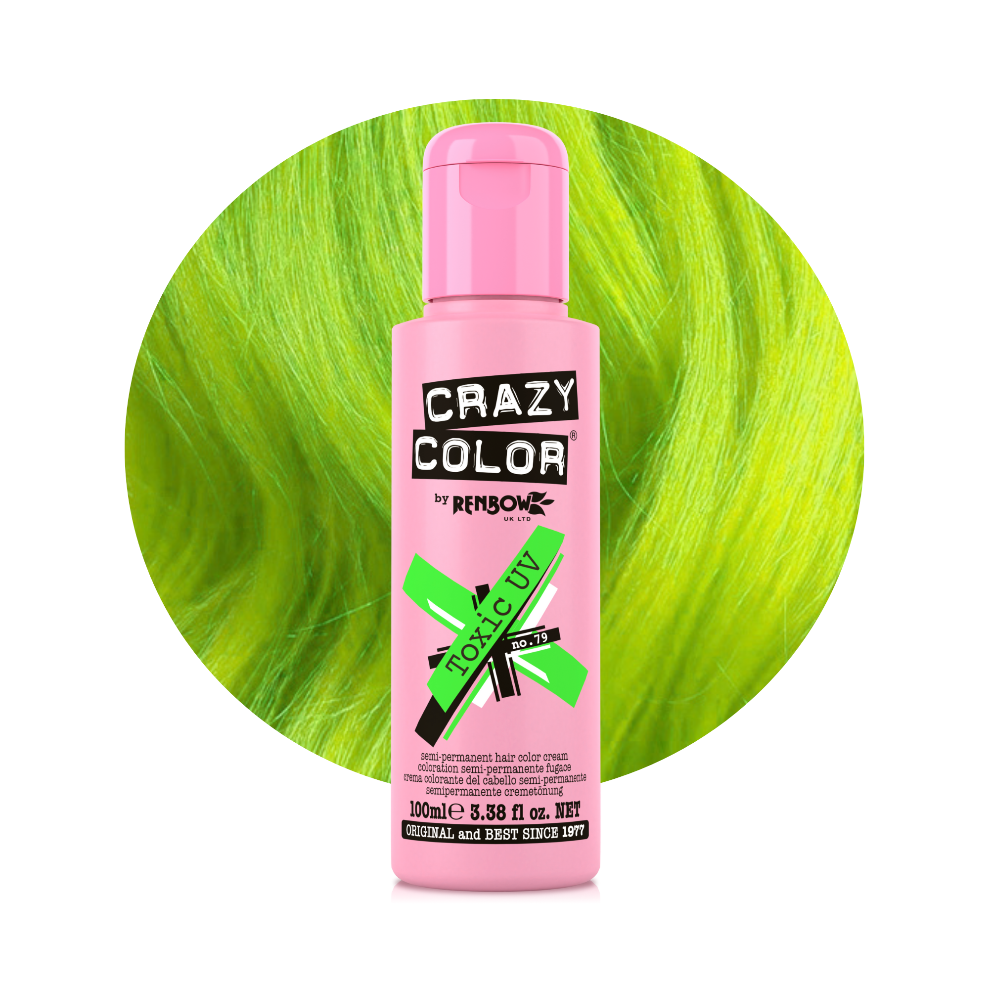 Pink bottle of Crazy Color Toxic UV (Vert Fluo) no. 79 100ml by Afro Beauty Store hair dye with green hair in the background