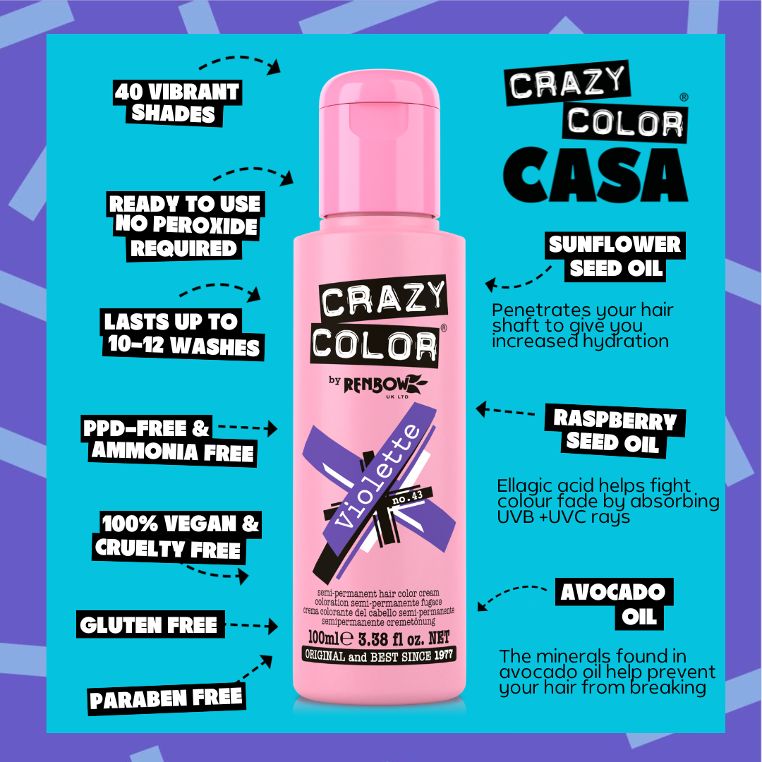 Crazy Color Casa hair color bottle with product features on a blue and purple background by Afro Beauty Store