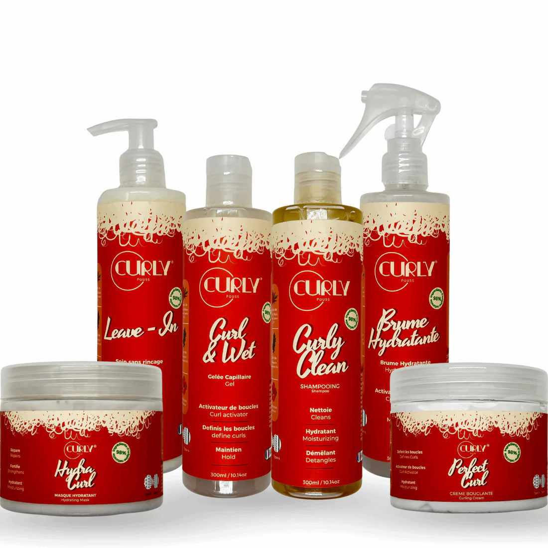 Curly Pouss hair care bundle includes moisturizing shampoo, a leave-in conditioner, a hydrating mask, a curling cream, a hydrating mist, and a curl-activating gel