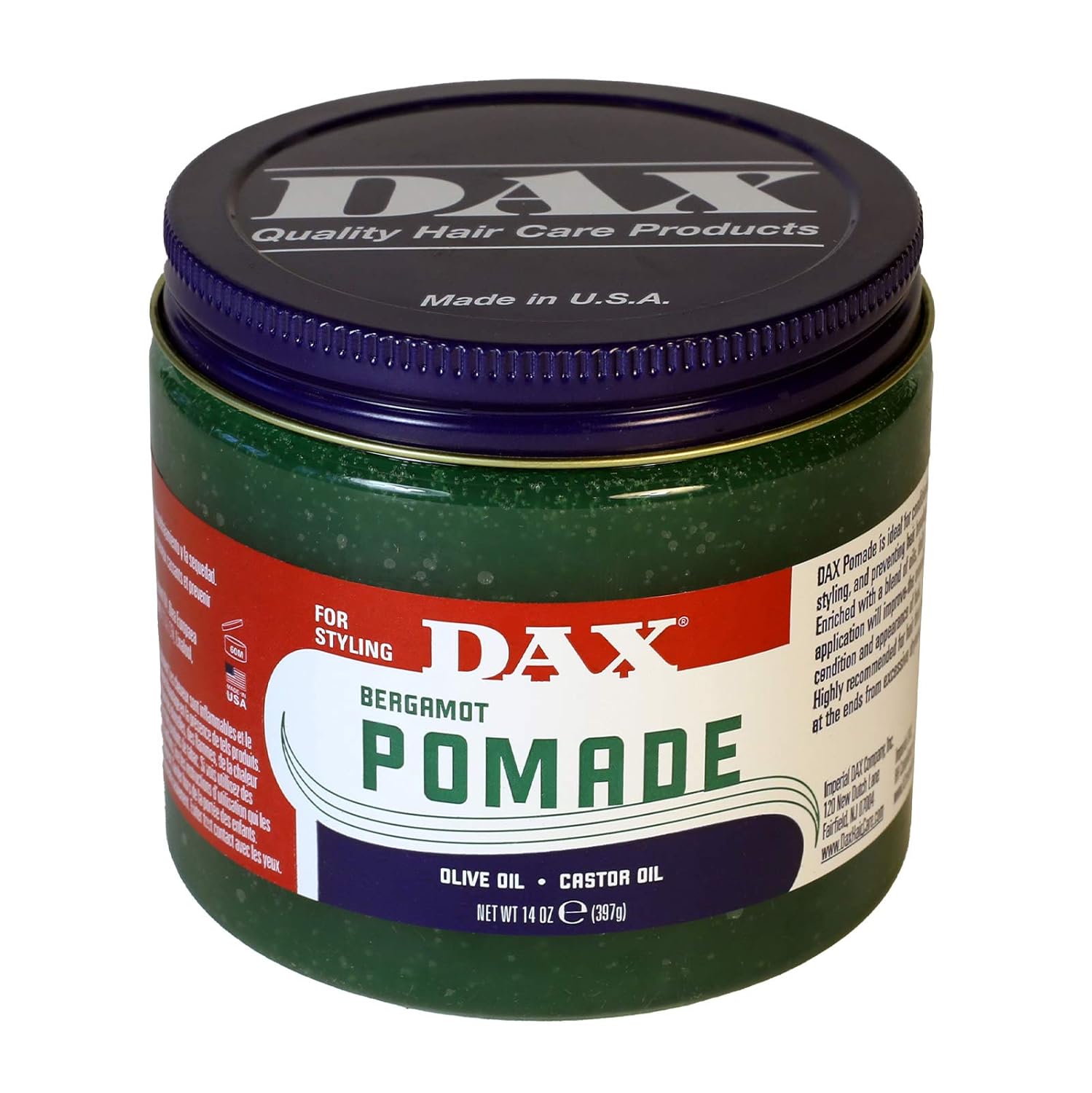 DAX Bergamot Pomade 14oz jar with green and red label by Afro Beauty Store
