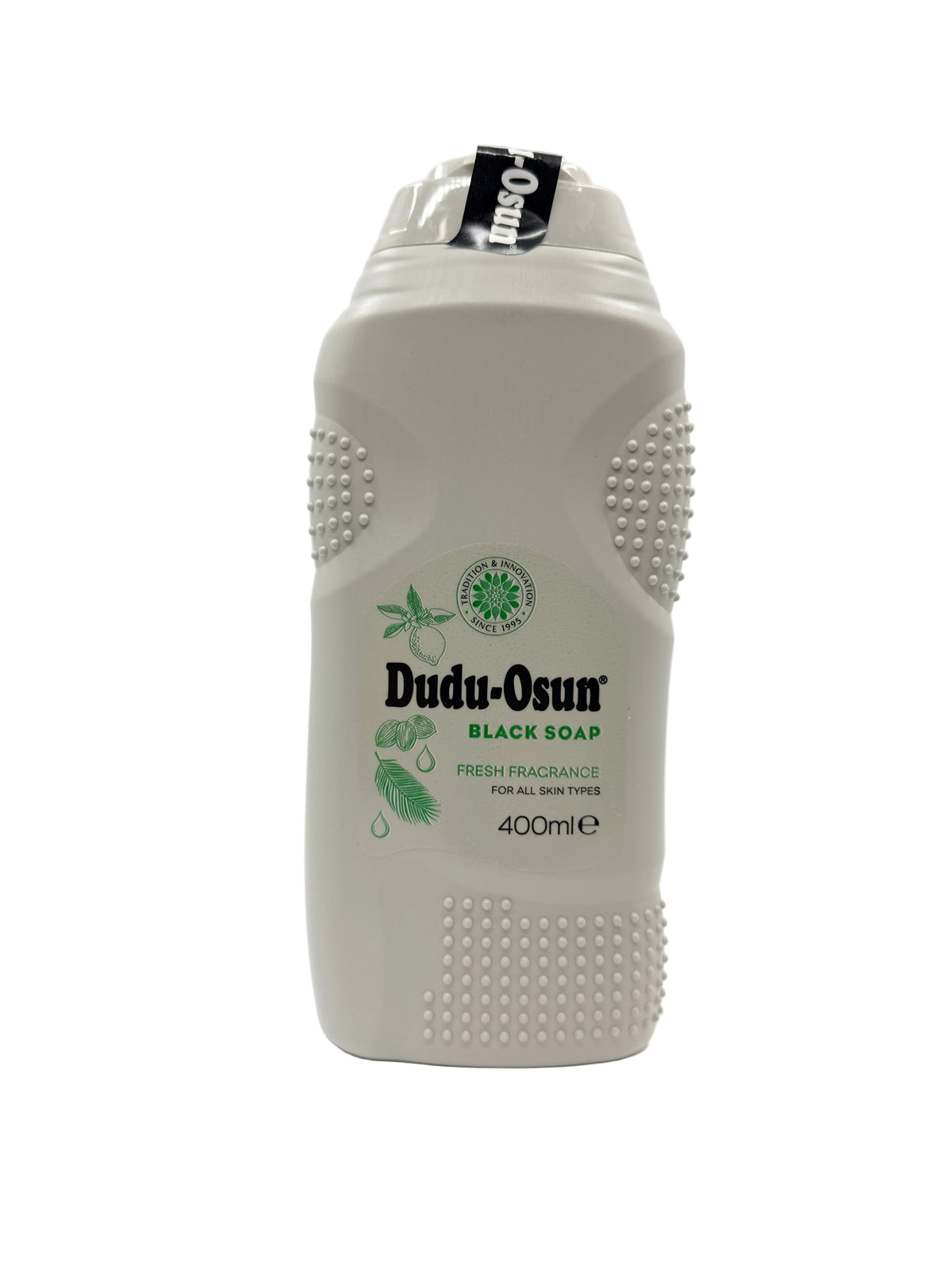 A 400ml bottle of Dudu-Osun Black Soap Fresh Fragrance, featuring a textured off-white plastic container with green leaf illustrations and black branding on a white background.