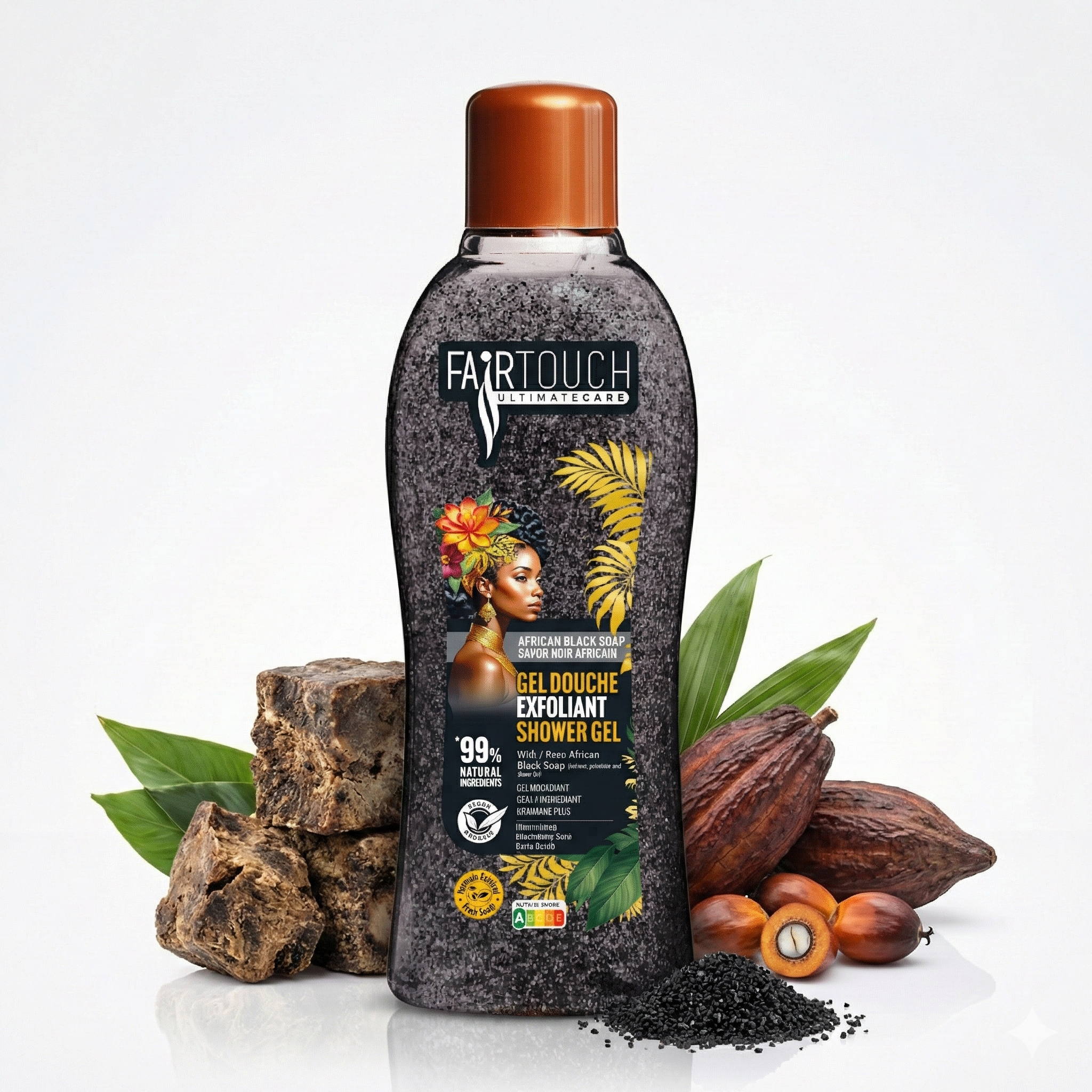 FAIRTOUCH Gel Douche Exfoliant Black (African Black Soap) 1L bottle by Afro Beauty Store with natural elements on a white background