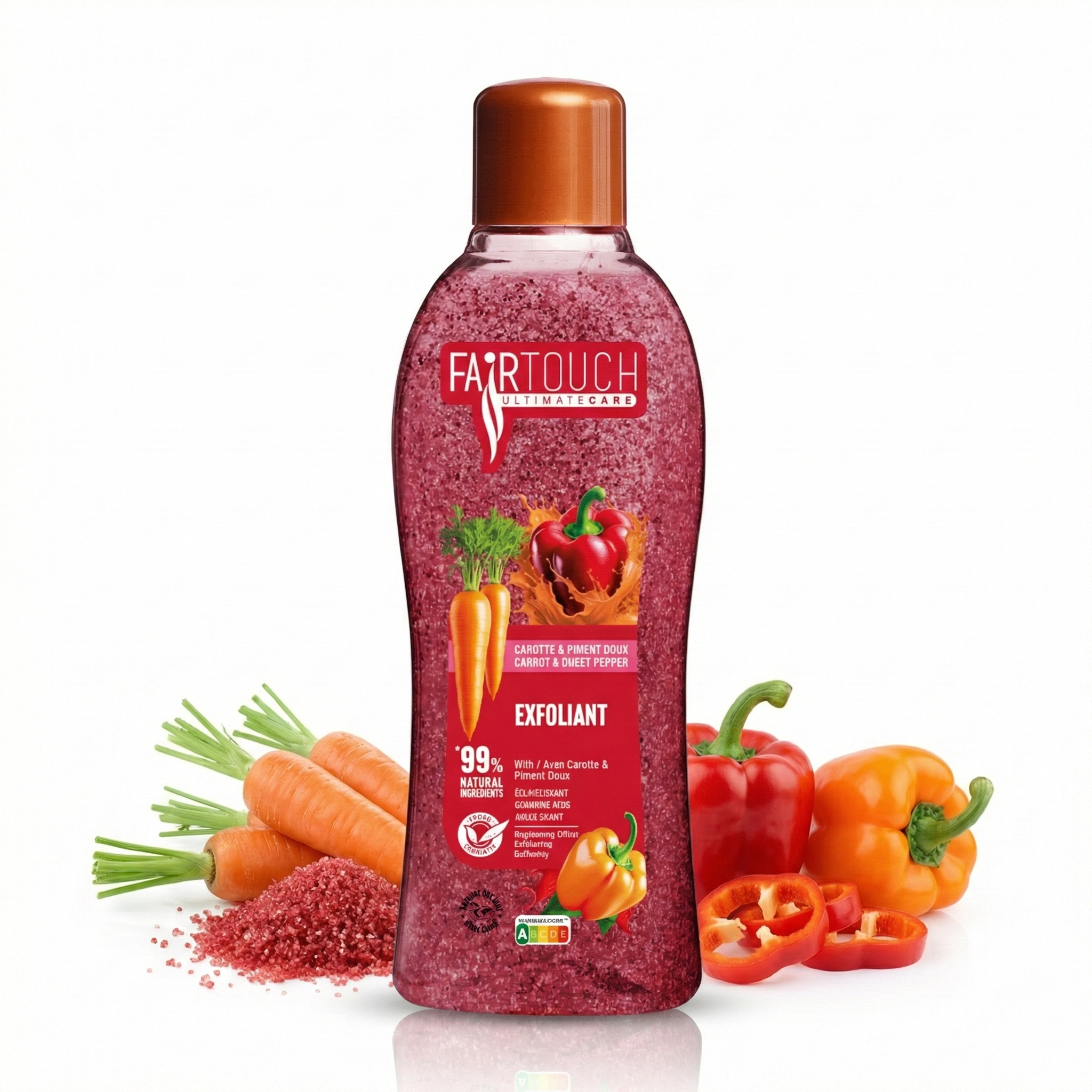 Bottle of FAIRTOUCH Gel Douche Exfoliant Red (Carrot & Piment Doux) 1L by Afro Beauty Store with carrots and peppers on a white background