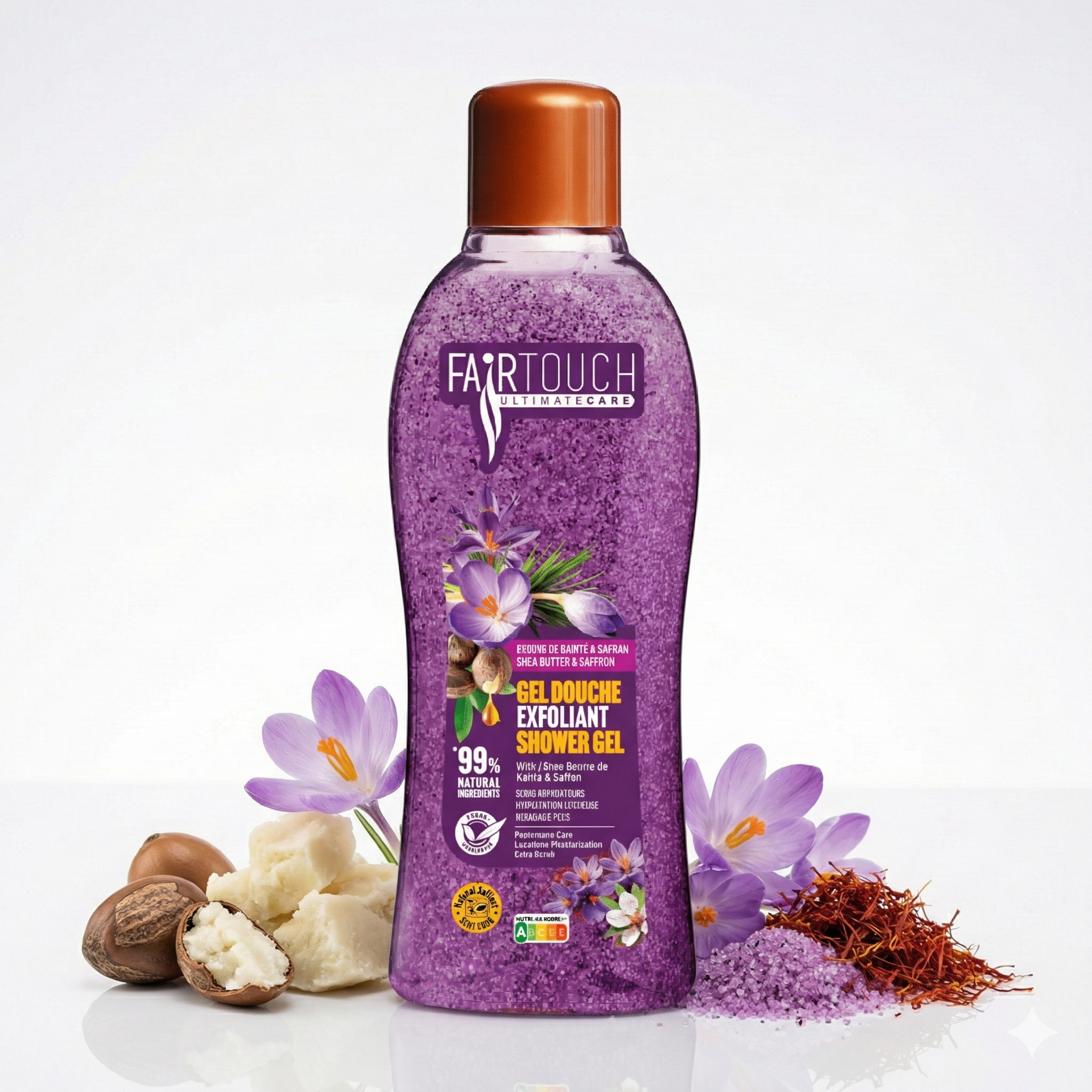 FAIRTOUCH Gel Douche Exfoliant Violet (Shea Butter & Saffron) 1L bottle by Afro Beauty Store with brown cap on a white background, surrounded by flowers and natural elements.