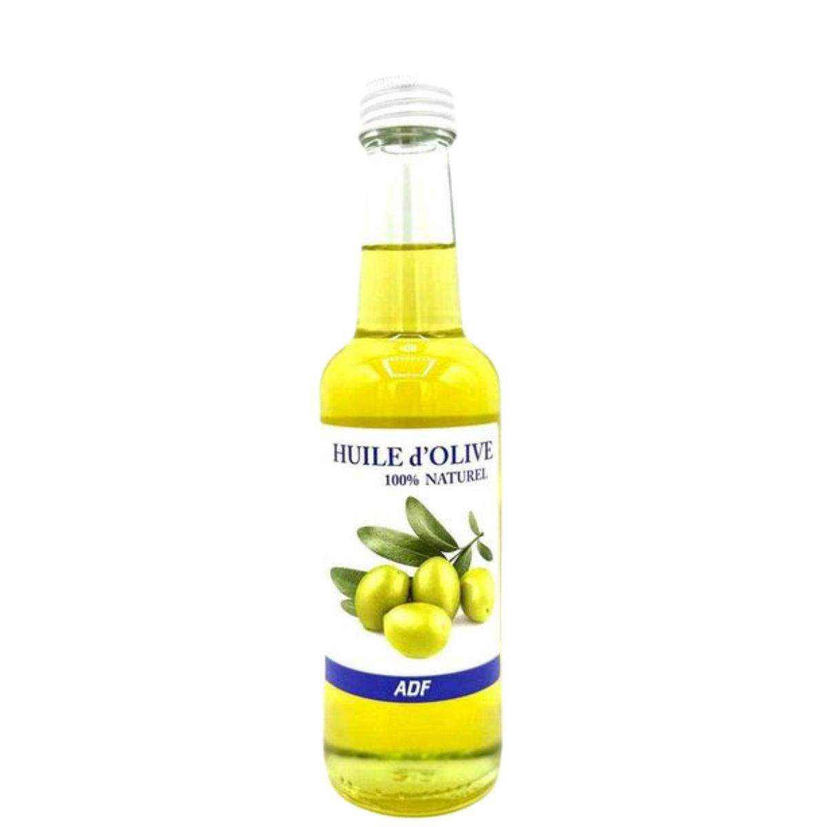 Bottle of ADF olive oil with a label on a white background by Afro Beauty Store