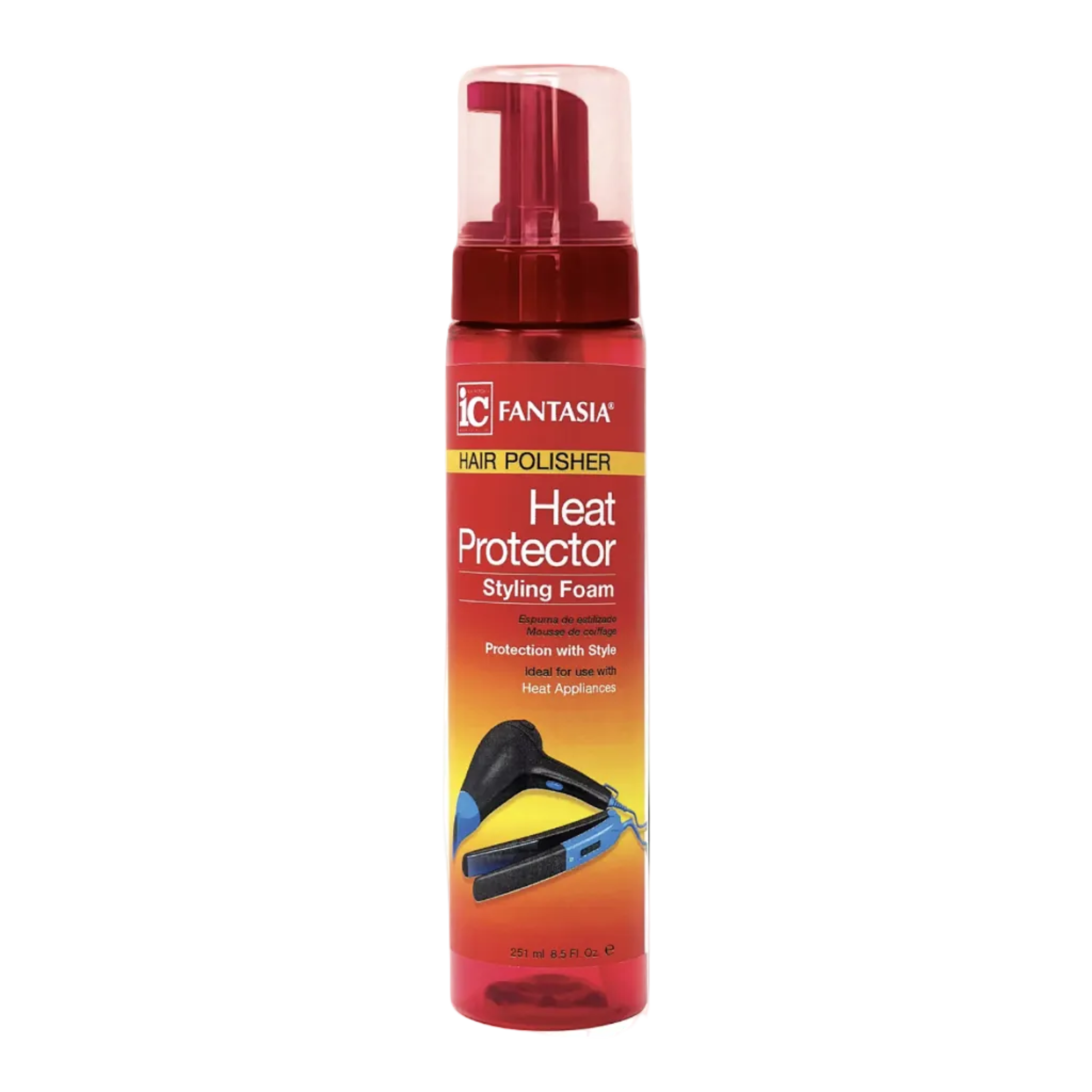 Red bottle of Ic Fantasia Heat Protector Styling Foam Hair Polisher 8.5oz by Afro Beauty Store