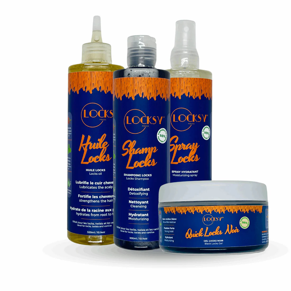 Locksy Pouss hair care set, including Locks Oil, Locks Shampoo, Moisturizing Spray, and Quick Locks Noir Black Locks Gel