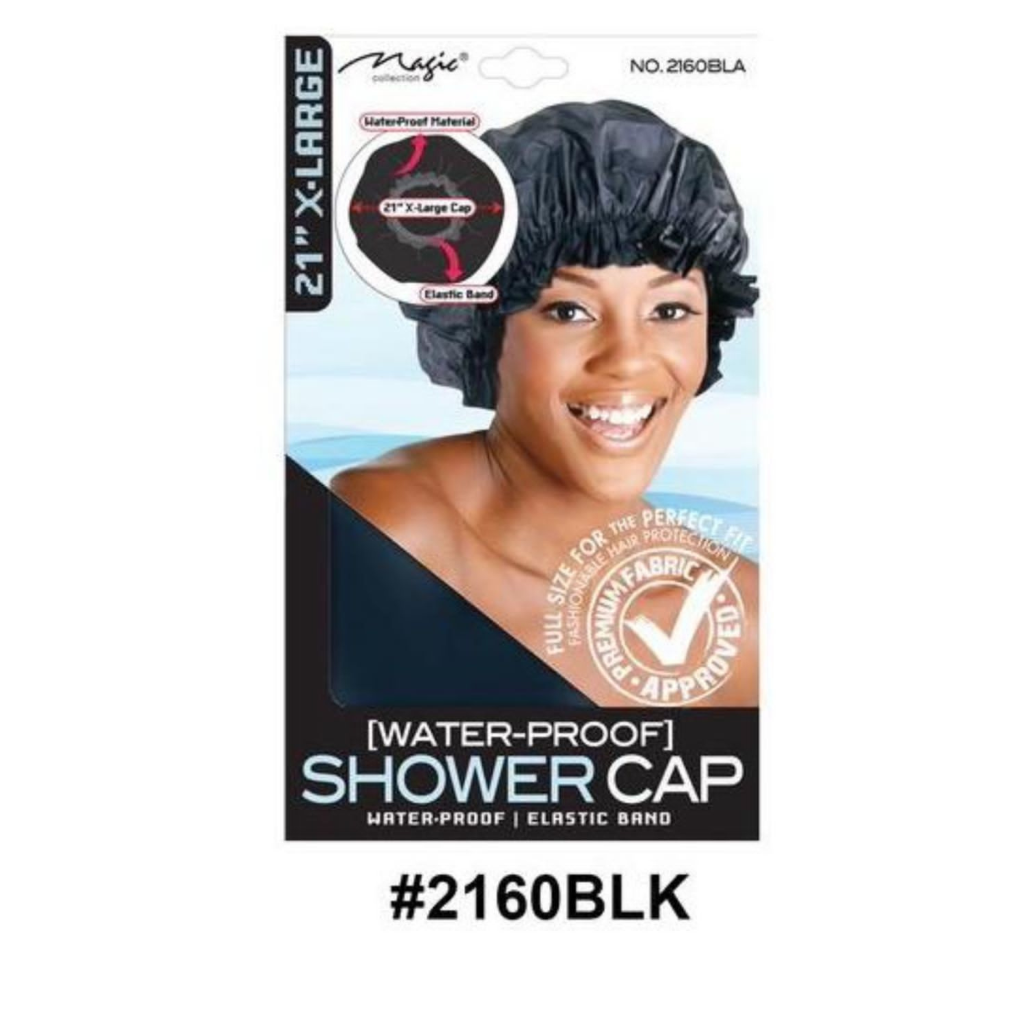 Magic Collection Black shower cap packaging with a model wearing the cap on a white background