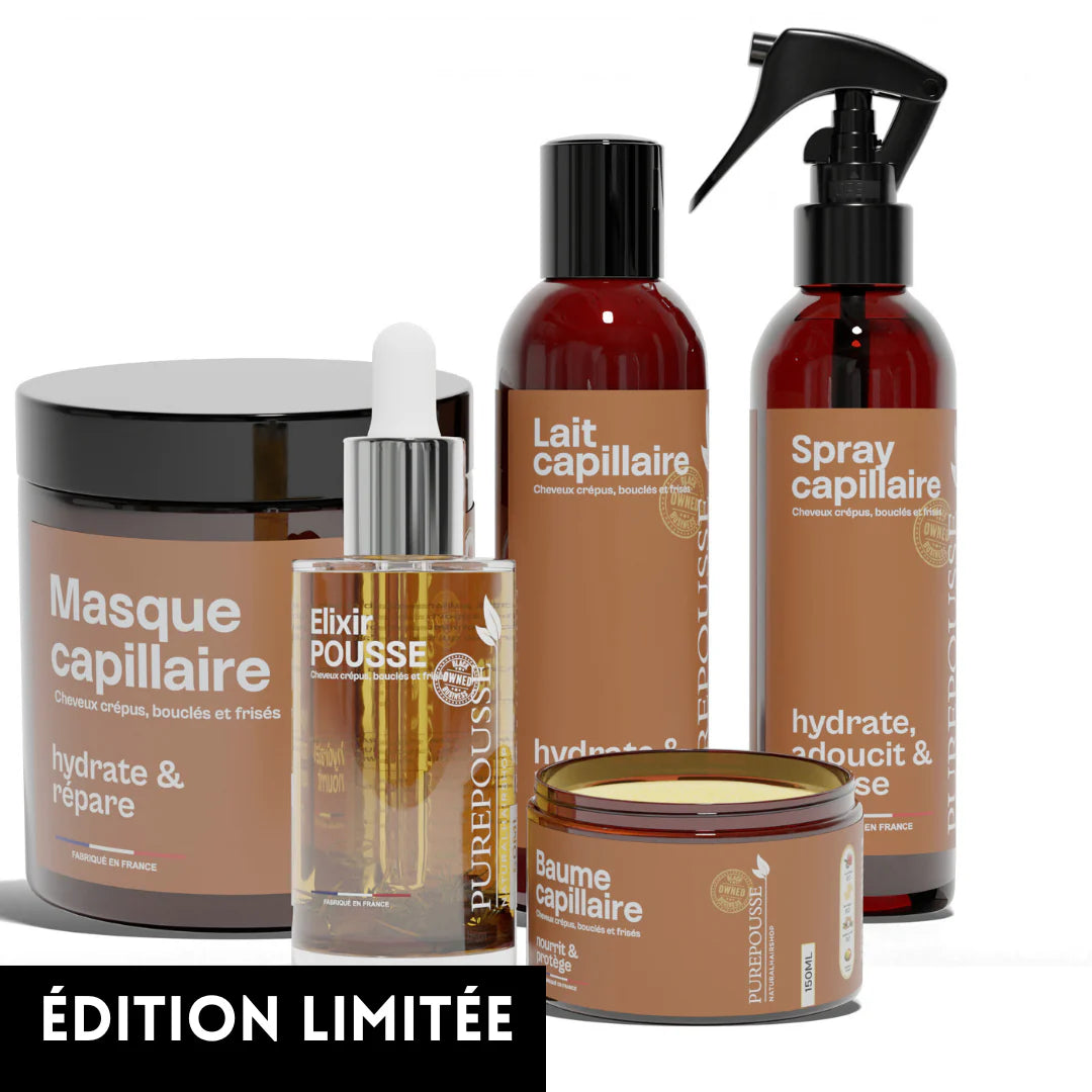 Purepousse hair care bundle includes Growth Elixir Oil, Moisturizing Hair Milk, Detangling Hair Spray, Hair Mask, Nourishing Hair Balm