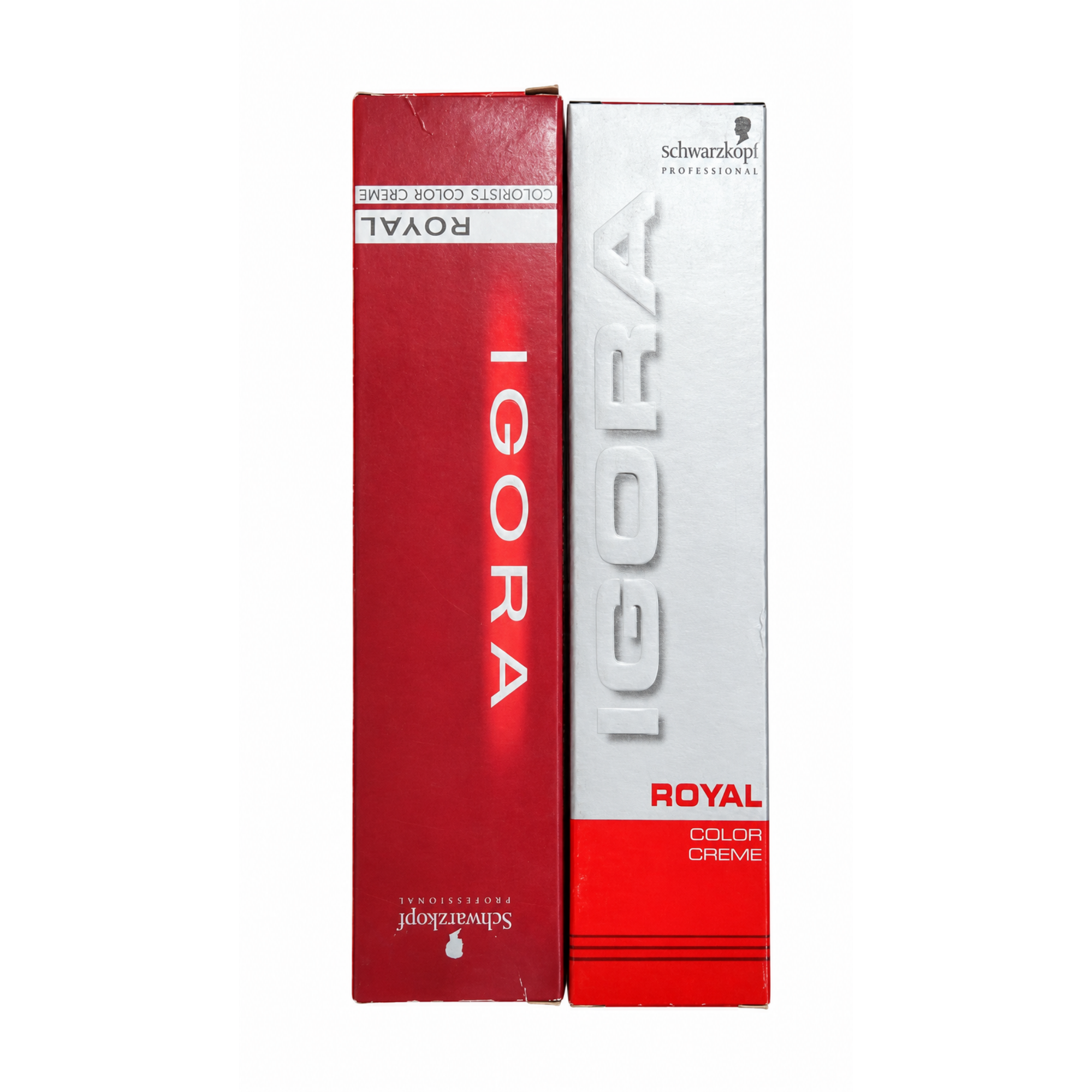 Schwarzkopf Professional Igora Royal Color Creme hair dye packaging, showing the red and silver cardboard boxes side-by-side on a white background by Afro Beauty Store.