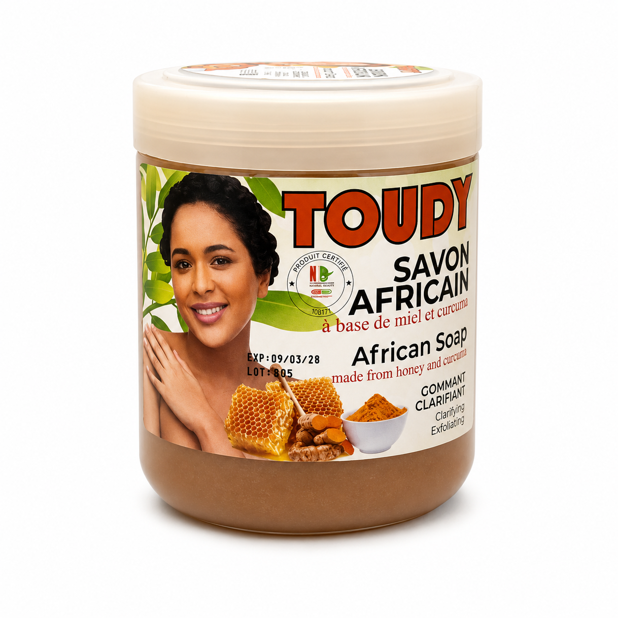 Toudy African Soap jar with a woman's face on the label against a white background