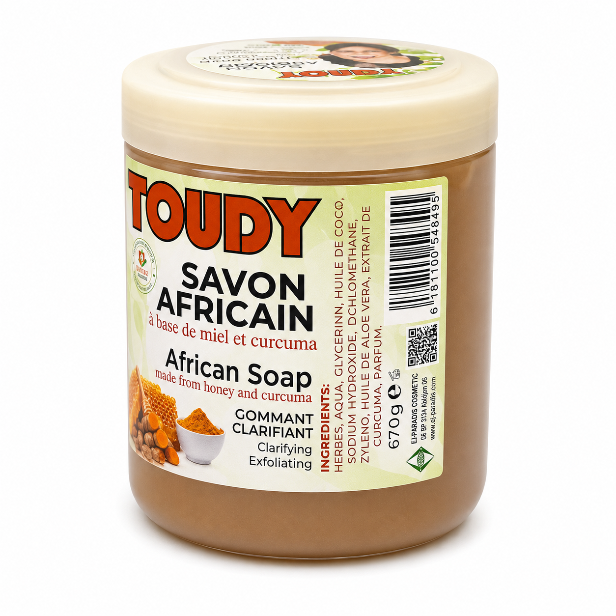 Jar of Toudy African Soap with label on a white background