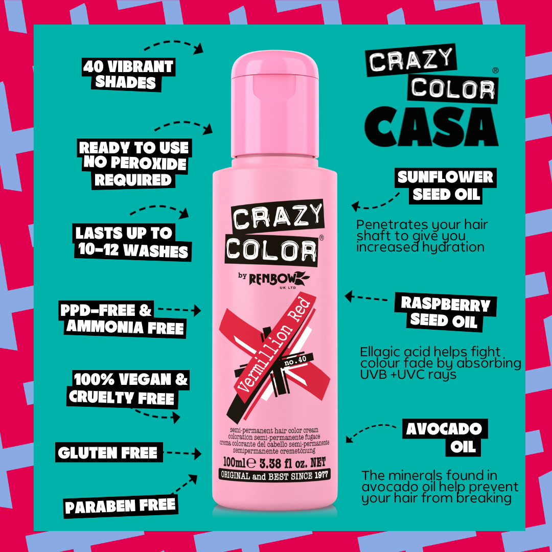 Crazy Color Casa hair color product with features listed on a colorful  background by Afro Beauty Store
