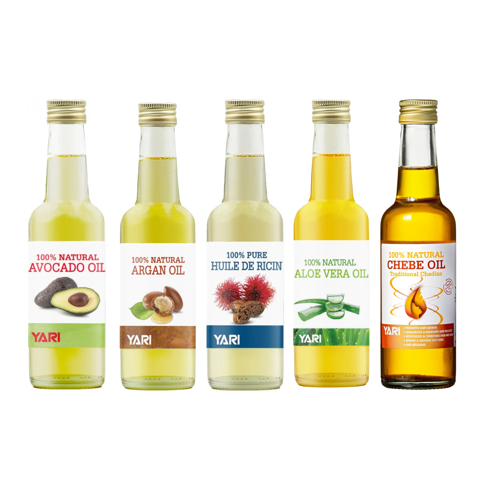 Yari 100% natural oils Set Avocado Oil, Argan Oil, Huile de Ricin (Castor Oil), Aloe Vera Oil, Chebe Oil
