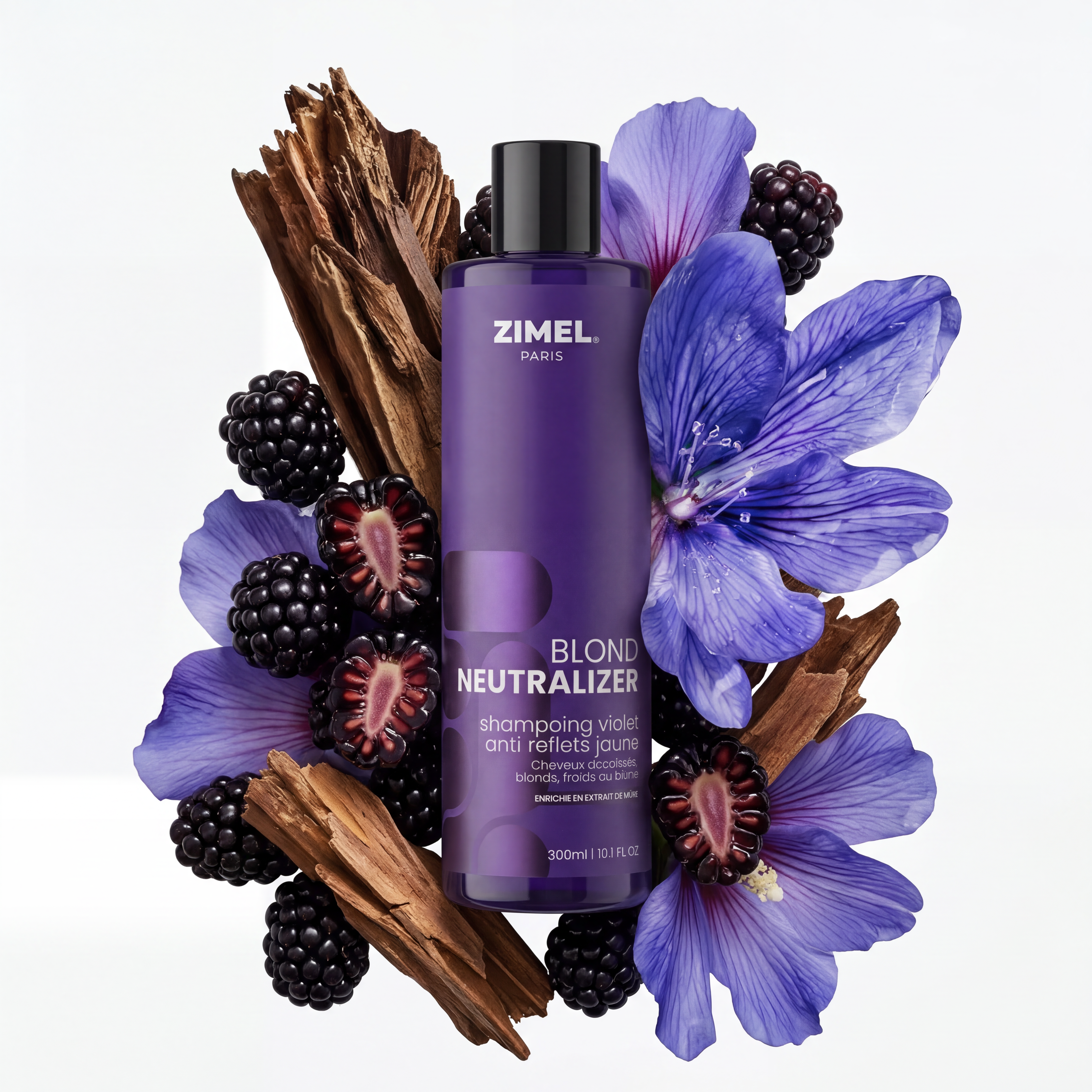 Zimel Paris BLOND NEUTRALIZER Shampoing Violet Anti Reflets Jaune 300ml bottle by Afro Beauty Store surrounded by purple flowers and blackberries on a white background