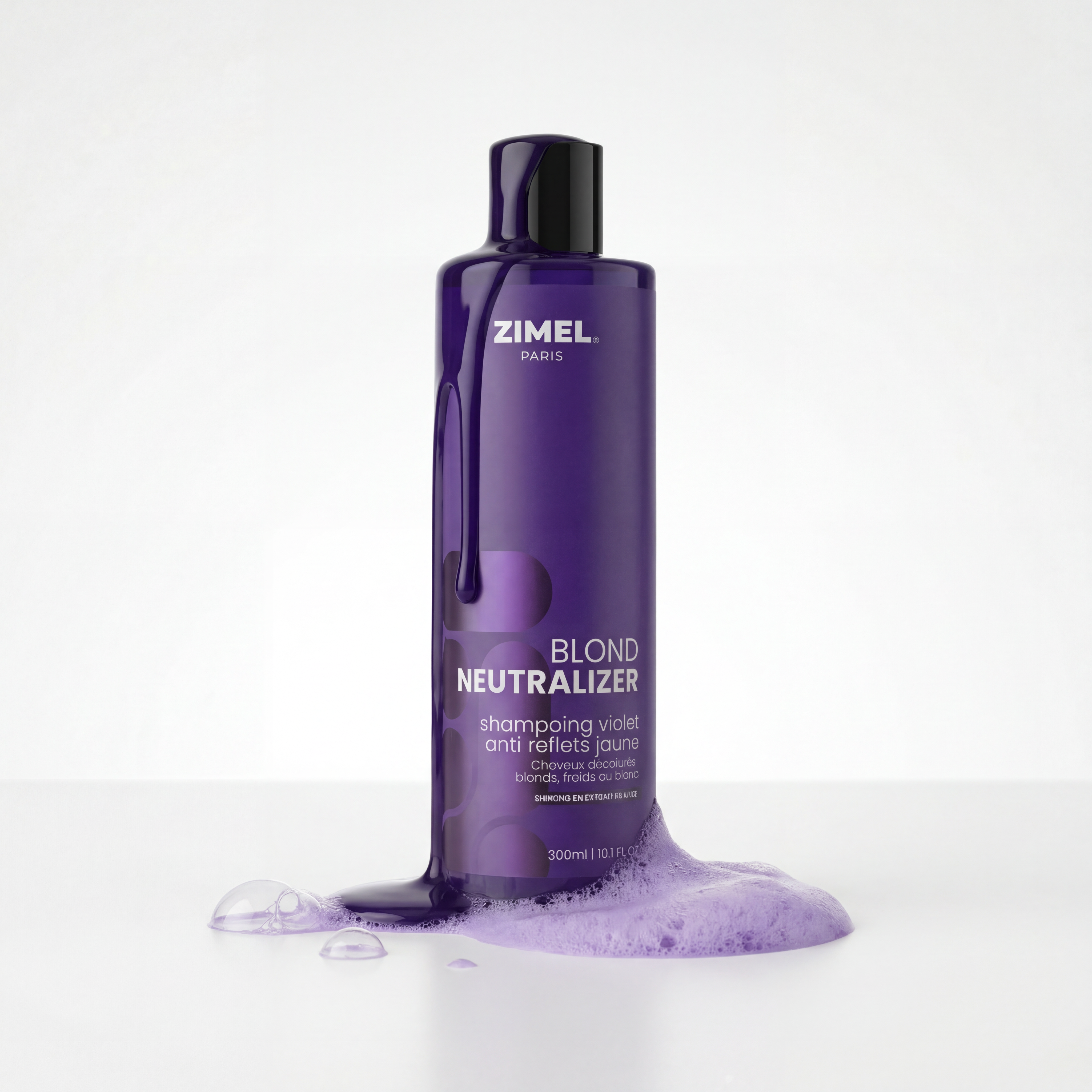 Zimel Paris BLOND NEUTRALIZER Shampoing Violet Anti Reflets Jaune 300ml bottle by Afro Beauty Store with bubbles on a white background