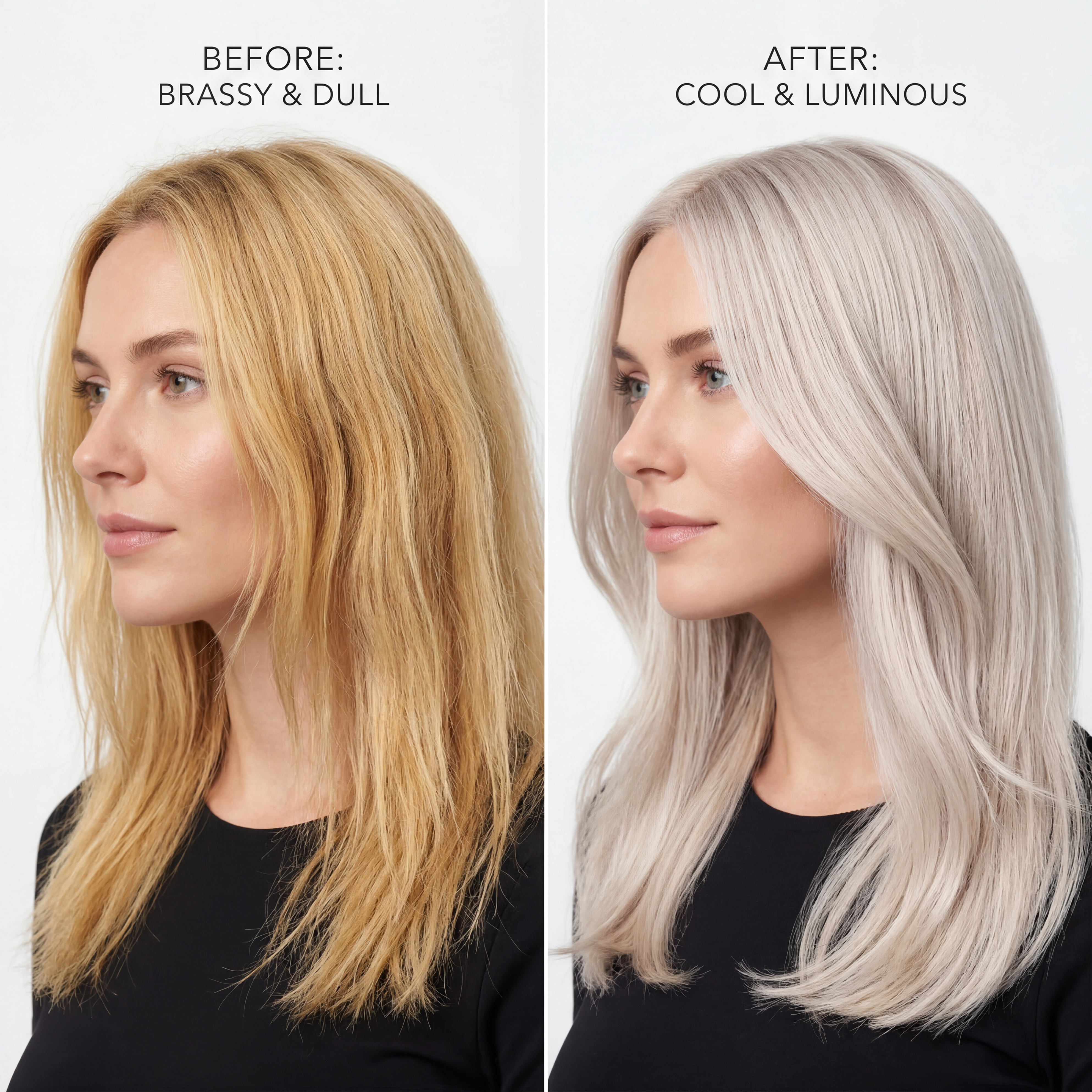 Before and after comparison of a woman's hair color transformation from brassy and dull to cool and luminous.