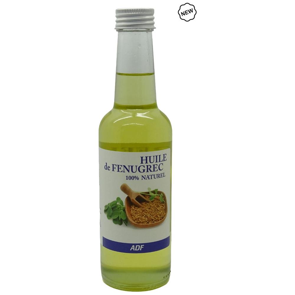 Bottle of ADF Huile de Fenugrec with a white label on a white background by Afro Beauty Store