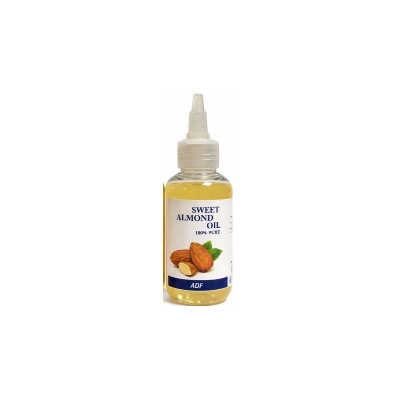 Bottle of ADF almond oil with a label on a white background by Afro Beauty Store
