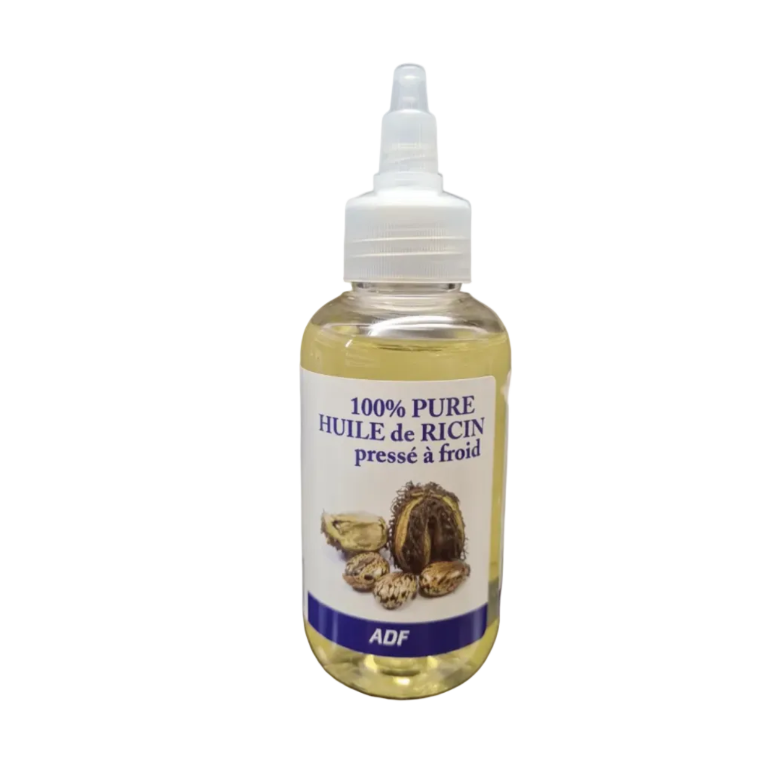 Bottle of ADF 100% pure ricin oil with a label on a white background by Afro Beauty Store