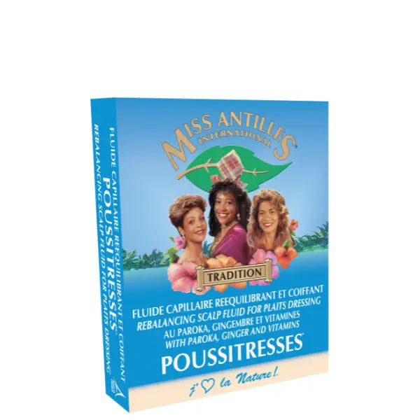 Product packaging for Miss Antilles International Poussitresses hair care product by Afro Beauty Store